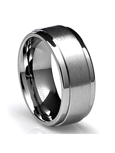 Mens Wedding Band in Titanium 10MM Ring with Flat Brushed Top and Polished Finish Edges ...