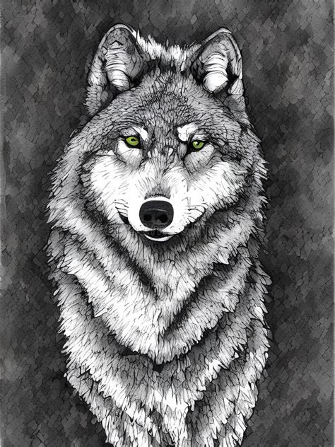 Gray Wolf Drawing Art Style with Green Eyes Stock Illustration ...