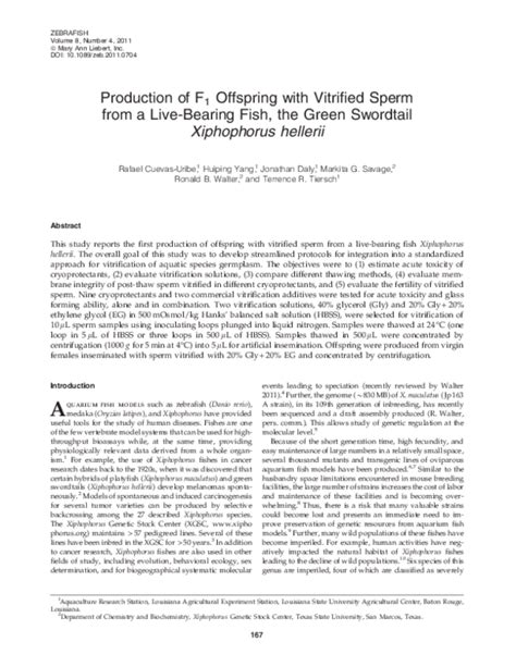 (PDF) Production of F 1 Offspring with Vitrified Sperm from a Live-Bearing Fish, the Green ...