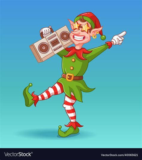 Dancing cool christmas elf with audio recorder Vector Image