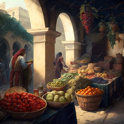 Premium AI Image | A painting of a market with fruit and vegetables.