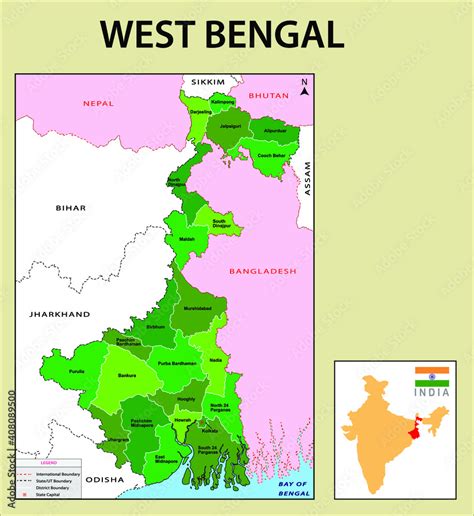 West Bengal map. Showing International and State boundary and district ...