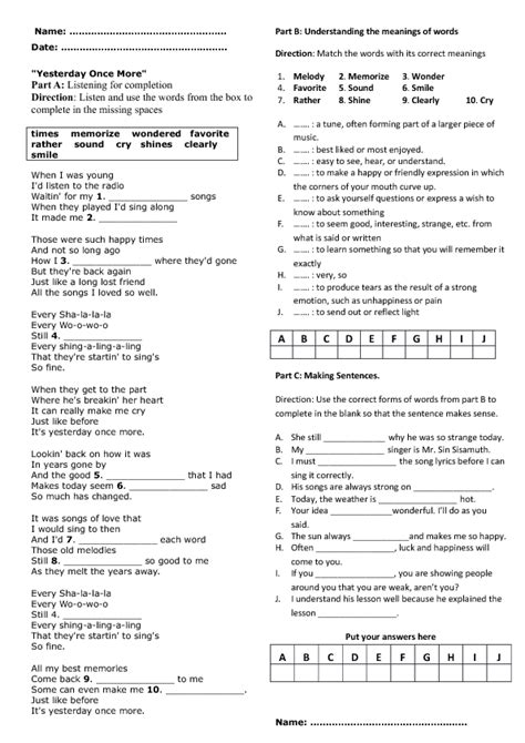 Song Worksheet: Yesterday Once More