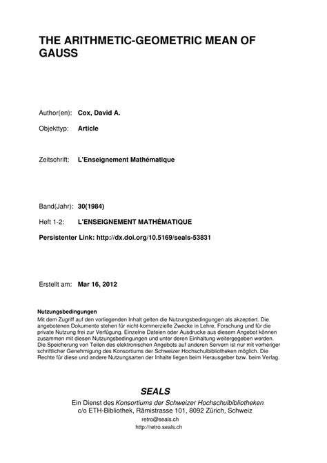 (PDF) The Arithmetic-Geometric Mean of Gauss