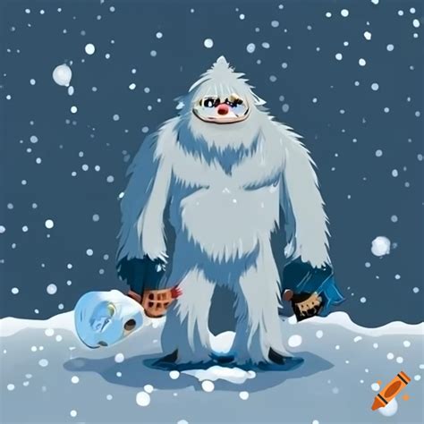 A yeti standing in the snow holding unknown objects