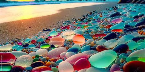 Colorful gemstones on a beach. Polish textured sea glass and stones on the seashore. Green, blue ...