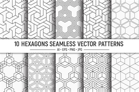 10 hexagons geometric seamless vector patterns