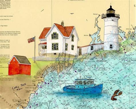 Cape Painting - Cape Neddick Lighthouse Me Nautical Chart Map Art Cathy Peek by Cathy Peek ...