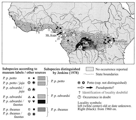 Potto distribution maps, locality information