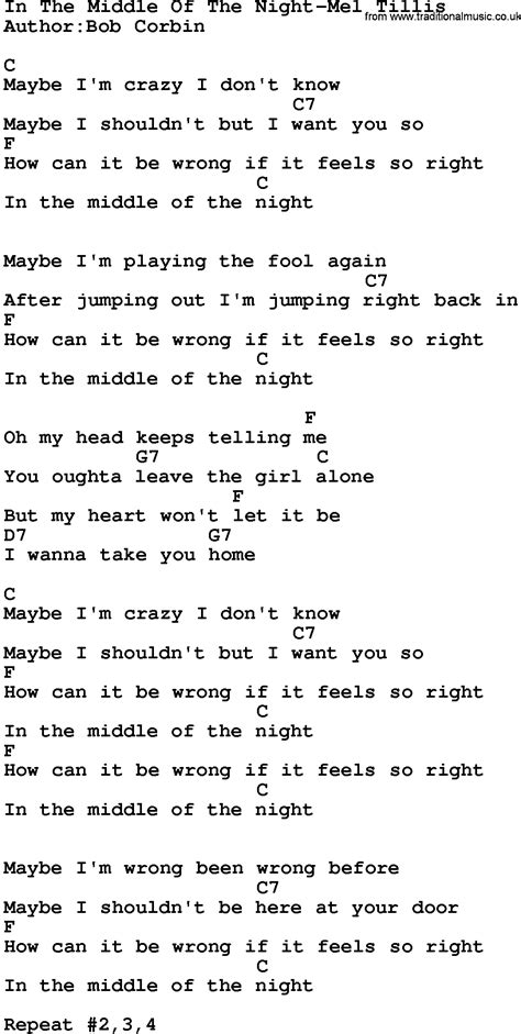 Country Music:In The Middle Of The Night-Mel Tillis Lyrics and Chords