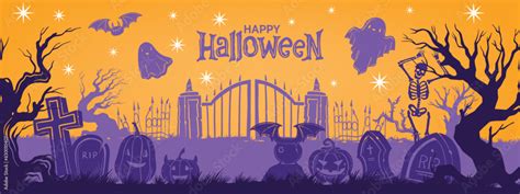 Halloween graveyard fence silhouette background, vector spooky cartoon cemetery landscape ...