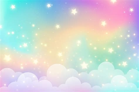 Premium Vector | Rainbow unicorn background with clouds and stars Pastel color sky Magical landscape