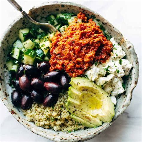 Mediterranean Quinoa Bowls with Roasted Red Pepper Sauce Recipe - Pinch ...