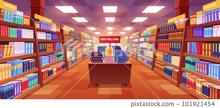 Cartoon bookstore interior with books on shelves - Stock Illustration [101921454] - PIXTA