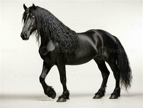 Black friesian stallion with black mane and long mane on white background. AI Generative ...