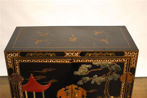 Chinese Black Lacquer Hardstone Scholars Cabinet For Sale at 1stdibs