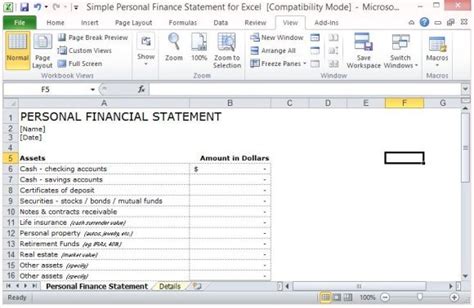 Simple Personal Finance Statement Template For Excel