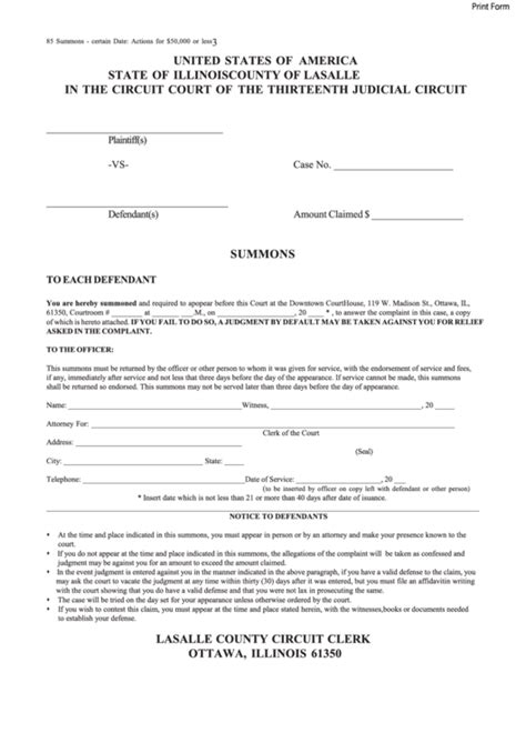 Fillable Summons - County Of Lasalle Circuit Court printable pdf download