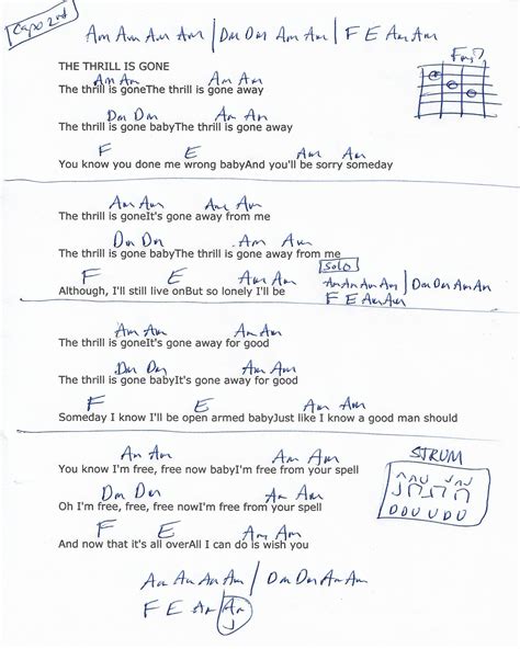 The Thrill Is Gone (BB King) Guitar Chord Chart - Capo 2nd Fret | Lyrics and chords, Guitar tabs ...