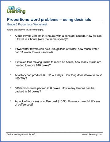 Grade 6 Math Worksheet: Proportions word problems (with decimals) | K5 ...