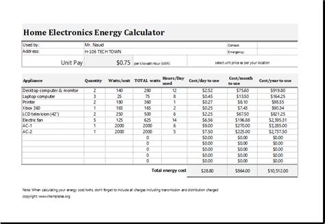 Electric Energy Cost Calculator Template for Excel | Save