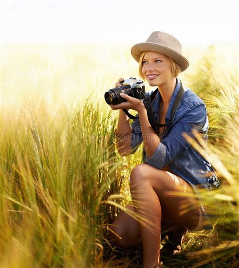 Sunshine, Countryside and Woman with a Camera, Photographer and Freedom ...