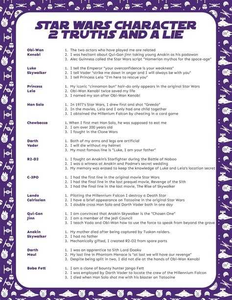 Star Wars Two Truths And A Lie Game Free Printable | realsimple