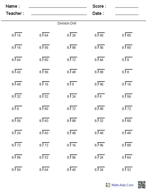 Division Table Worksheets