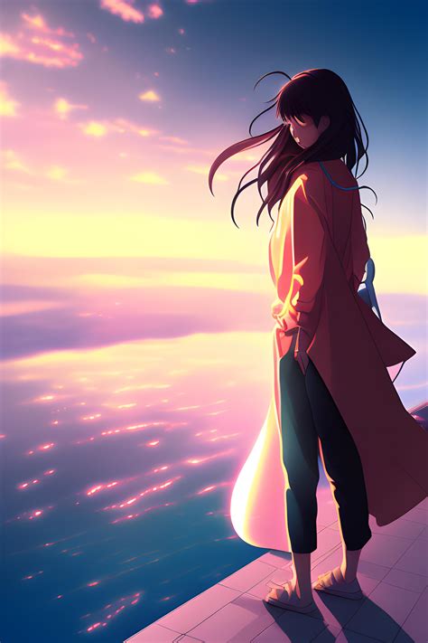 a girl, anime style, sunset in the city | Wallpapers.ai