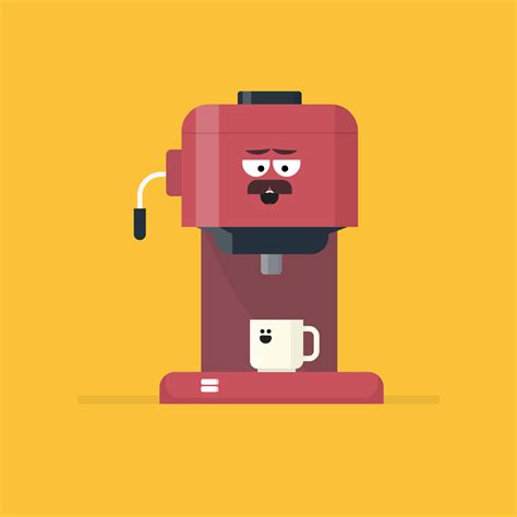 a red coffee maker with eyes and mustaches on it's face, sitting in front of a yellow background