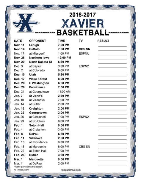 Printable 2016-2017 Xavier Musketeers Basketball Schedule