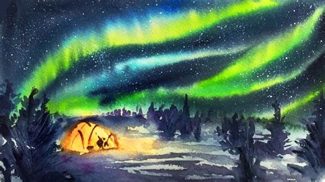 Simple Watercolor Aurora Starry Night Demonstration | Landscape ...