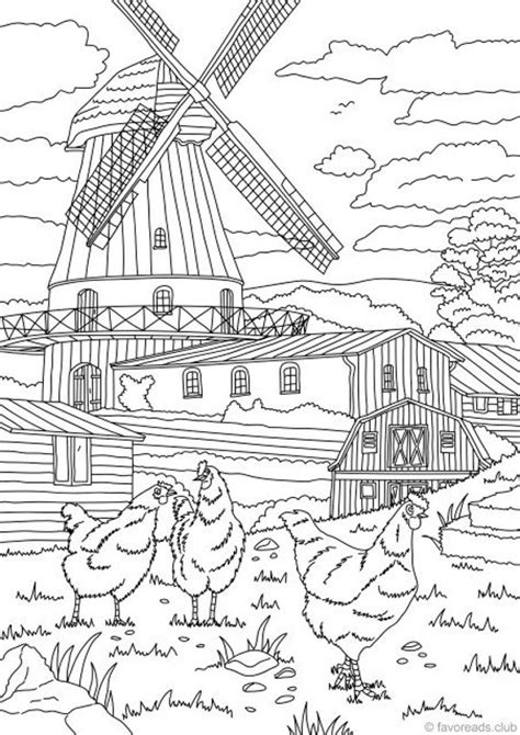 Country Mill Printable Adult Coloring Page From Favoreads | Etsy