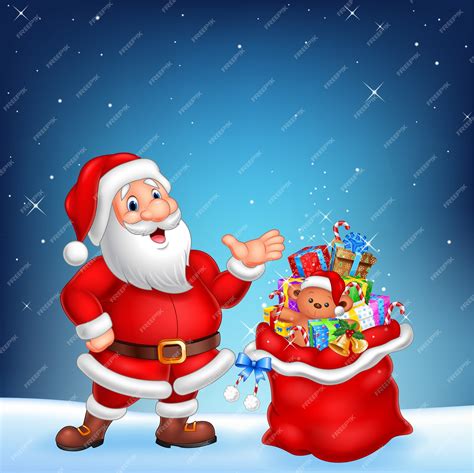 Premium Vector | Cartoon funny santa with sack on a night sky background