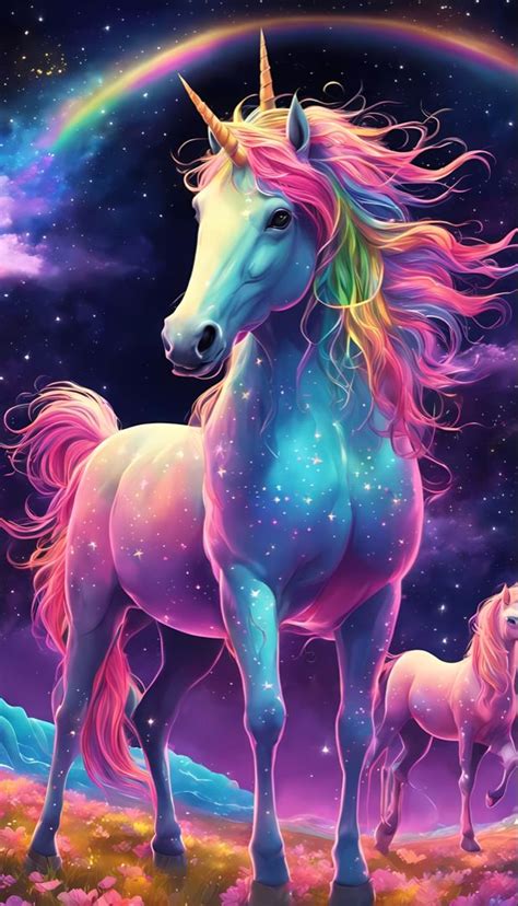 Rainbow unicorn in space with galaxy rainbow sky, colorful fantasy wallpaper lockscreen art ...