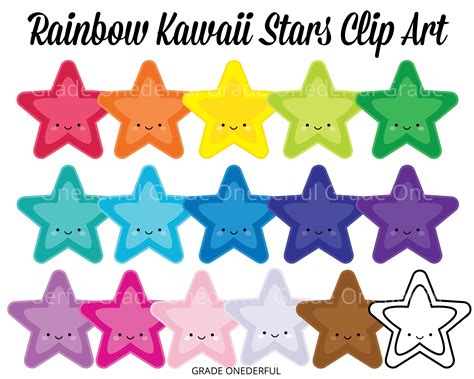 Star Clipart, Clip Art Stars, Digital Rainbow Stars, Kawaii Stars, Black Line Clipart ...