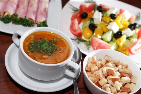 Soup and Salad stock image. Image of lunch, portion, dishware - 80655183