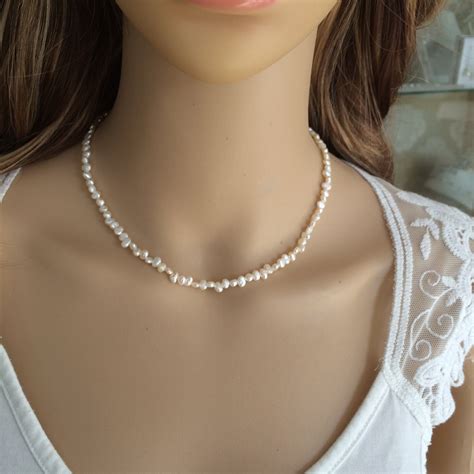 Tiny Freshwater Pearl choker necklace Sterling Silver or Gold Fill small 4mm real white Baroque ...