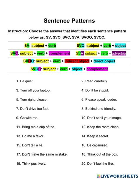 Sentence pattern worksheet | Live Worksheets - Worksheets Library