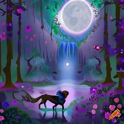 Enchanting forest with a majestic black labrador retriever under the moonlight on Craiyon
