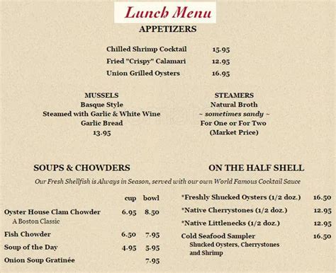 Menu at Union Oyster House restaurant, Boston