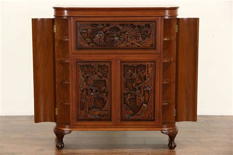 Chinese Hand Carved Teak Vintage Bar or Liquor Cabinet & Server | Cabinet