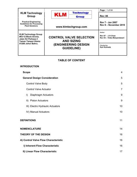 control valve selection and sizing - engineering design guideline