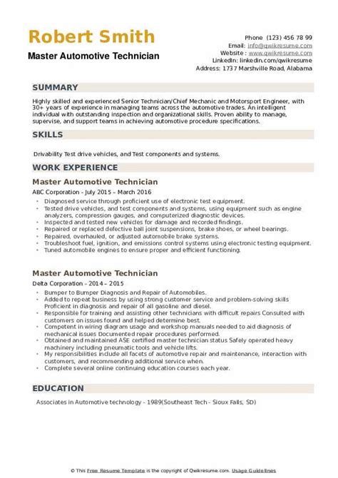 Master Automotive Technician Resume Samples | QwikResume