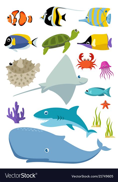 Sea creatures and fish set Royalty Free Vector Image