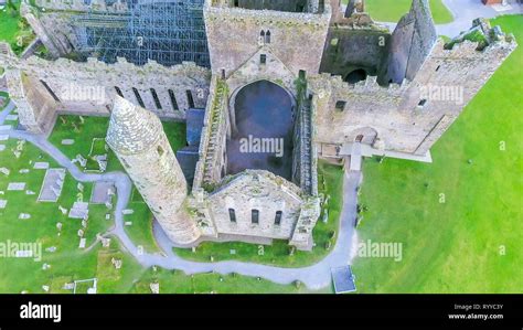 Aerial view of the inside of the Rock of Cashel where the brick walls being renovated inside the ...