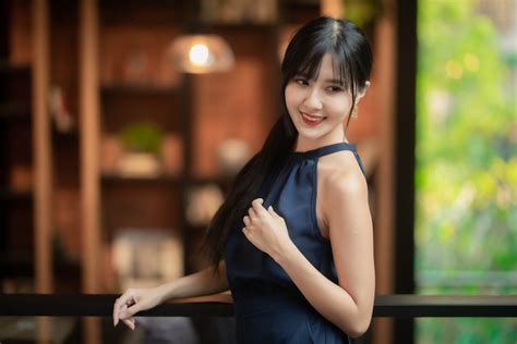 Download Dress Long Hair Depth Of Field Black Hair Smile Model Woman Asian 4k Ultra HD Wallpaper