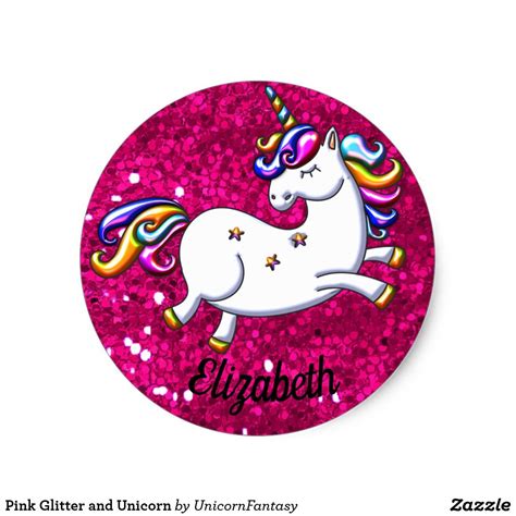 Pink Glitter and Unicorn Classic Round Sticker | Unicorn crafts ...