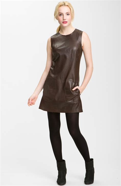 Vince Leather Shift Dress in Brown (dark brown) | Lyst