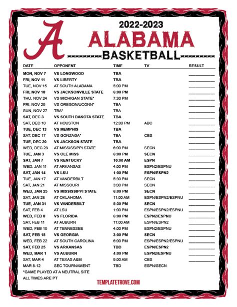 Printable 2022-2023 Alabama Crimson Tide Basketball Schedule